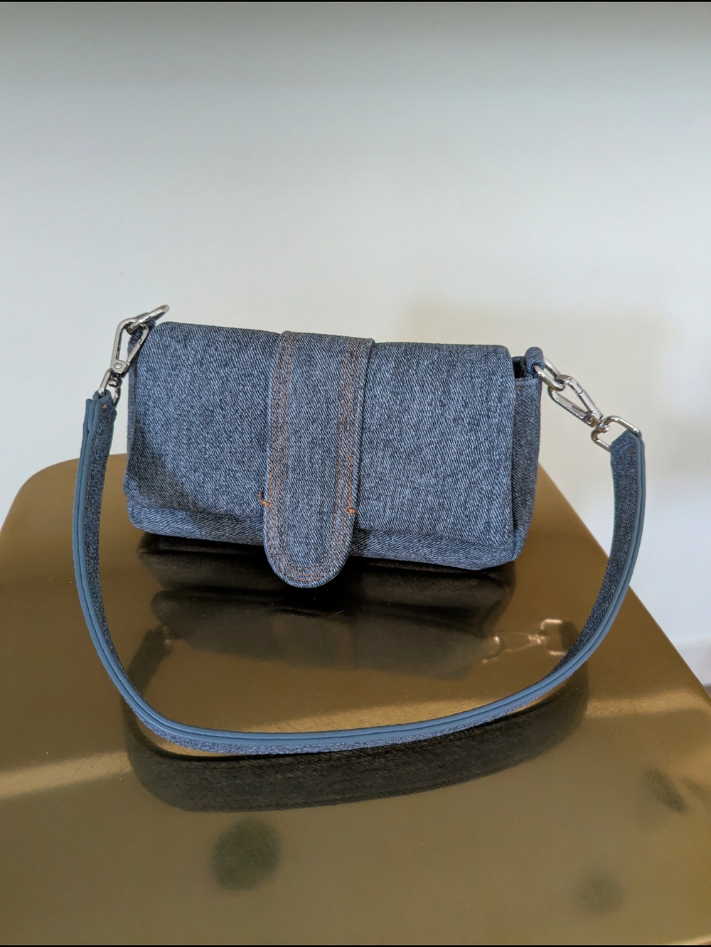 Blue Faux Denim Shoulder Bag